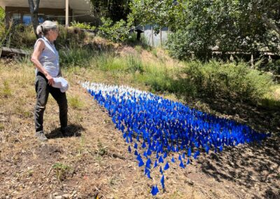 Image of artist Nancy Brown viewing her artwork "MELT" on hillside: a cascade of white marker flags that melt into a sea of blue flags